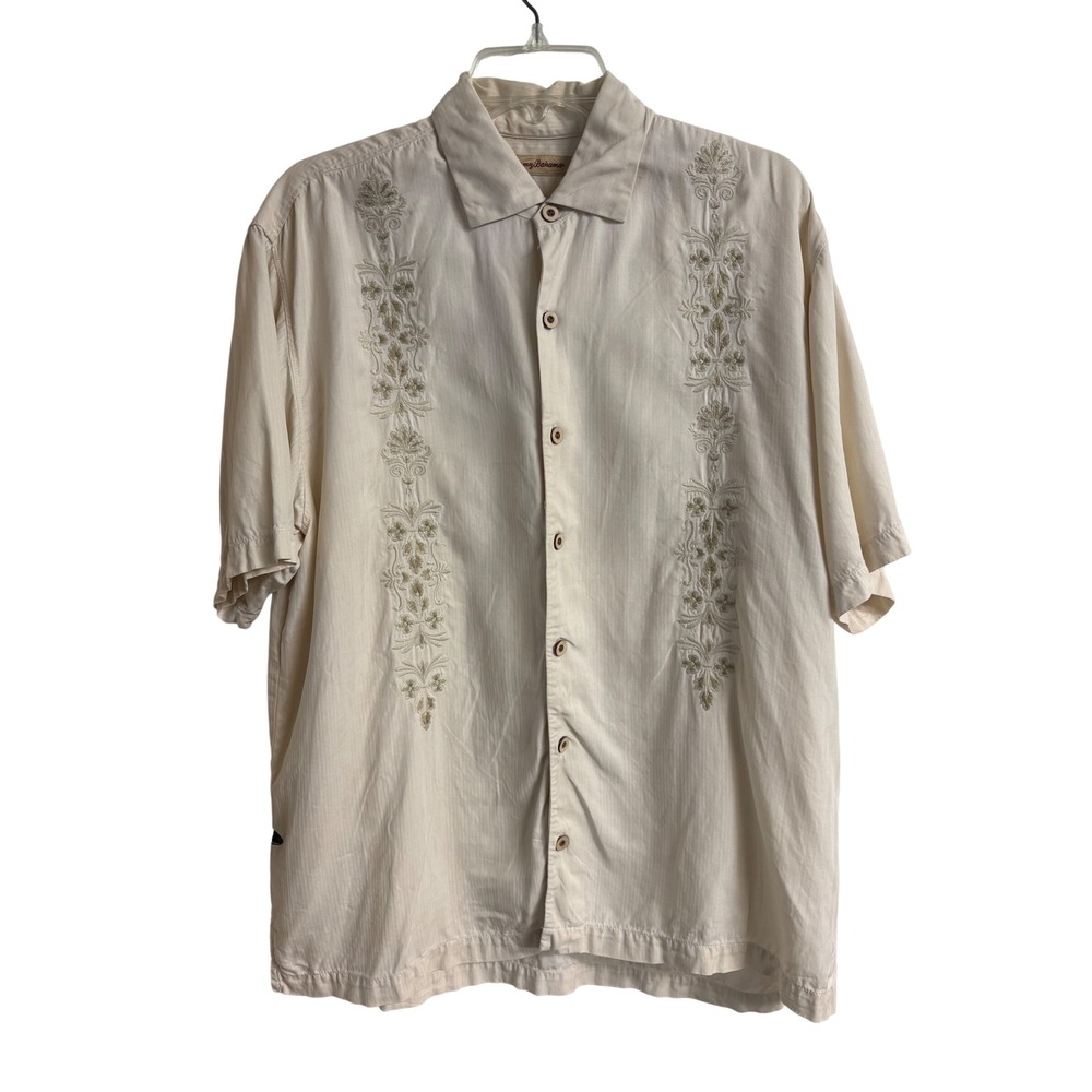 Tommy Bahama Mens Large 100% Silk Embroidered Herringbone Camp Shirt Cream